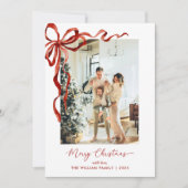 Elegant Red Bow Merry Christmas Photo シーズンカード (正面)
