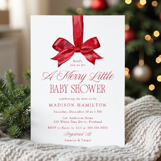 Elegant Red Bow Merry Little Christmas Baby Shower 招待状