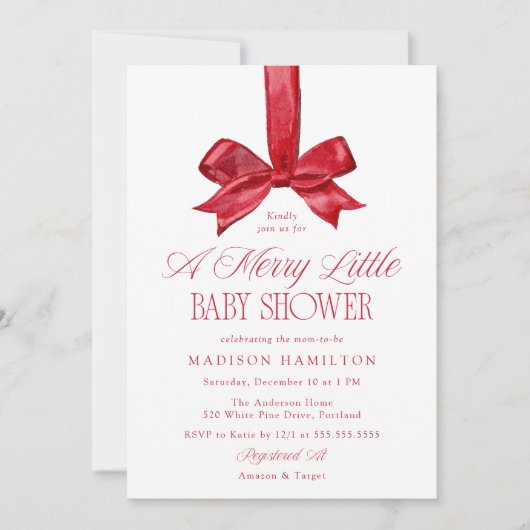 Elegant Red Bow Merry Little Christmas Baby Shower 招待状 (正面)