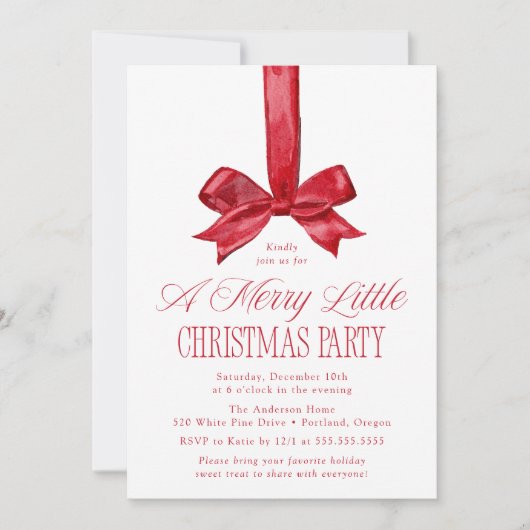 Elegant Red Bow Merry Little Christmas Party 招待状 (正面)