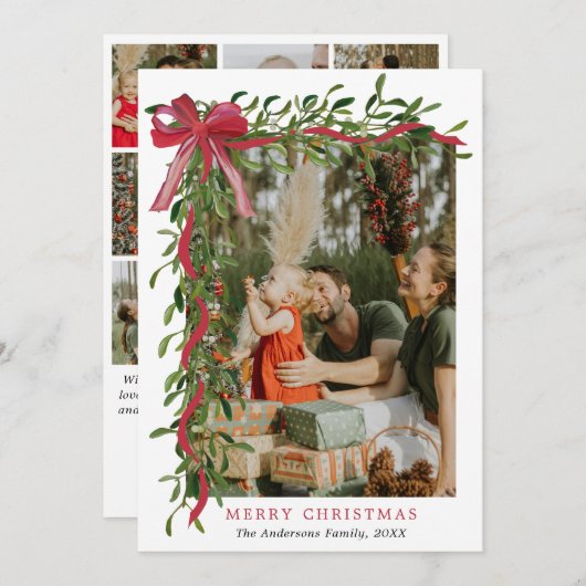 Elegant Red Bow Mistletoe Christmas Multi Photo シーズンカード (正面/裏面)