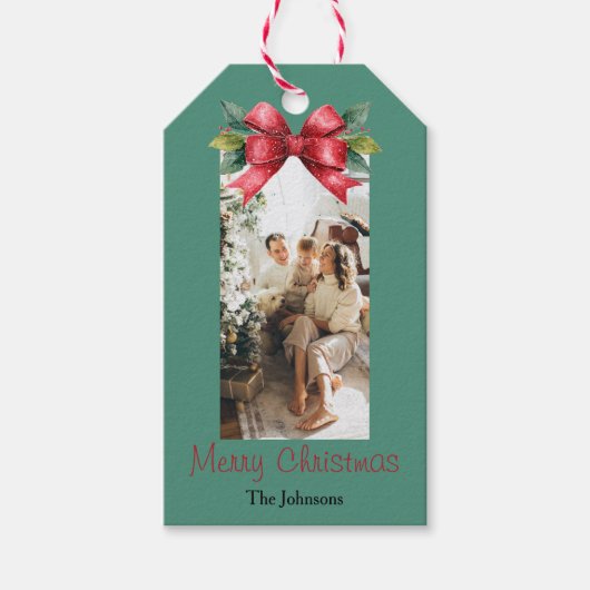 Elegant Red Bow Personalized Christmas Gift Tag ギフトタグ (正面)