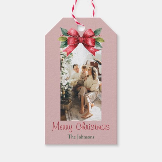 Elegant Red Bow Personalized Christmas Gift Tag ギフトタグ (正面)