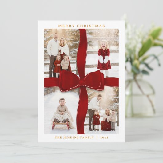 Elegant Red Bow Photo Christmas Card 招待状 (スタンド正面)