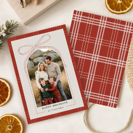 Elegant Red Bow Plaid Family Arch Photo Christmas シーズンカード