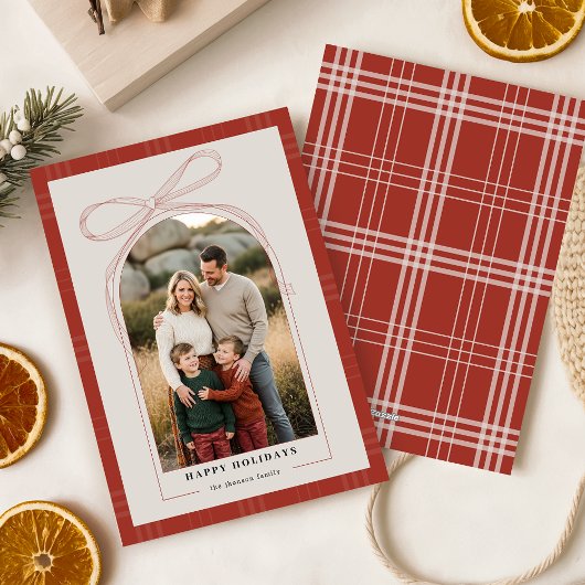 Elegant Red Bow Plaid Family Arch Photo Christmas シーズンカード