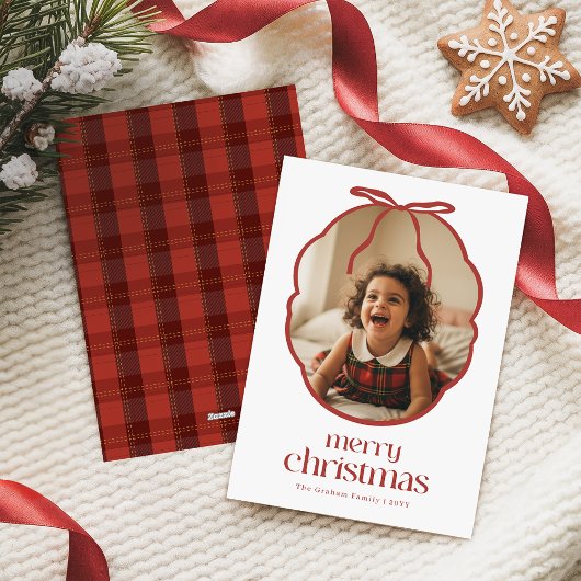 Elegant Red Bow Playful Kid Family Photo Christmas シーズンカード