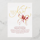 Elegant Red Bow She's Tying The Knot Bridal Shower 箔招待状 (正面)