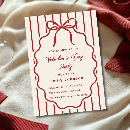 Elegant Red Bow Valentine’s Day Party Invitation 招待状