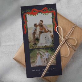 Elegant Red Bow with Greenery 2 Photo Christmas シーズンカード