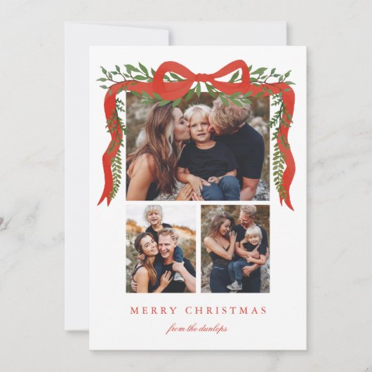 Elegant Red Bow with Greenery 3 Photo Christmas シーズンカード (正面)