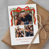 Elegant Red Bow with Greenery 3 Photo Christmas シーズンカード