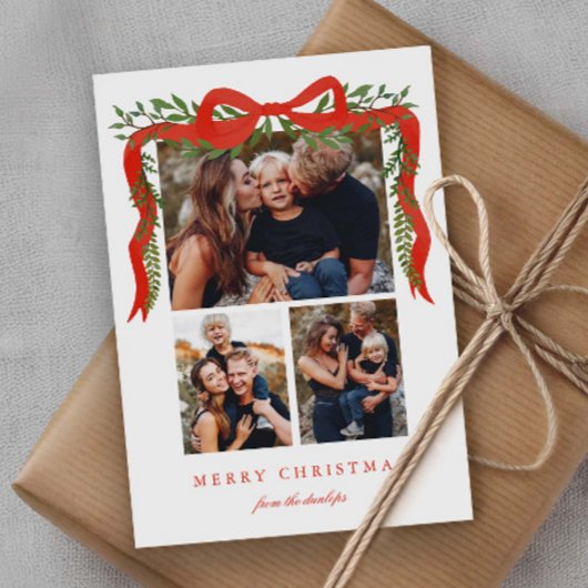 Elegant Red Bow with Greenery 3 Photo Christmas シーズンカード