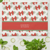 Elegant Red Bow with greenery Monogram Name キッチンタオル (折り畳み)