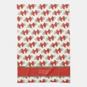 Elegant Red Bow with greenery Monogram Name キッチンタオル (縦)