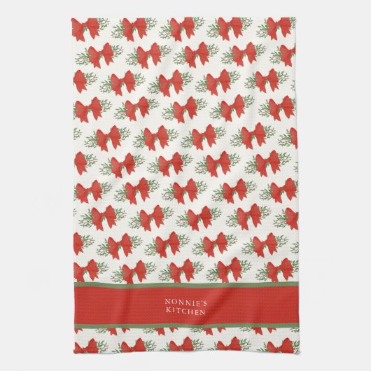 Elegant Red Bow with greenery Monogram Name キッチンタオル (縦)
