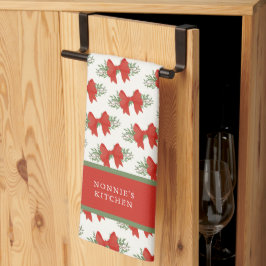 Elegant Red Bow with greenery Monogram Name キッチンタオル