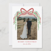 Elegant Red Bow with Greenery Photo Christmas シーズンカード (正面)