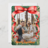 Elegant Red Bow with Greenery Photo Christmas シーズンカード (正面)