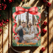 Elegant Red Bow with Greenery Photo Christmas シーズンカード