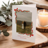Elegant Red Bow with Greenery Photo Christmas シーズンカード