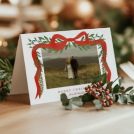 Elegant Red Bow with Greenery Photo Christmas シーズンカード