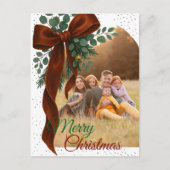 Elegant Red Bow with Greenery Photo Christmas  シーズンポストカード (正面)