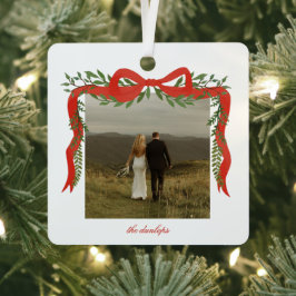 Elegant Red Bow with Greenery Photo Christmas メタルオーナメント