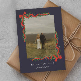 Elegant Red Bow with Greenery Photo New Year シーズンカード