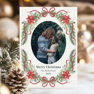 Elegant Red Bow Wreath Christmas Photo Card シーズンカード