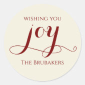 Elegant Red Calligraphy Joy Christmas Envelope ラウンドシール (正面)