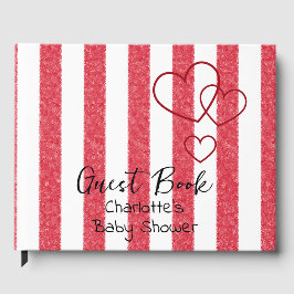 Elegant Red Chalk Stripe Triple Hearts Baby Shower ゲストブック