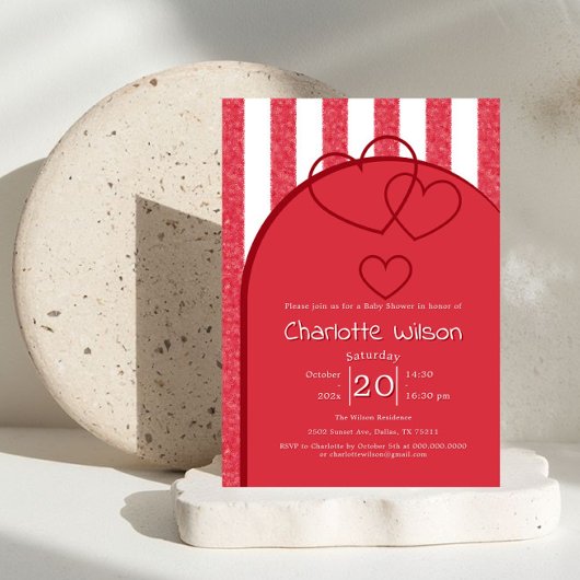 Elegant Red Chalk Stripe Triple Hearts Baby Shower 招待状