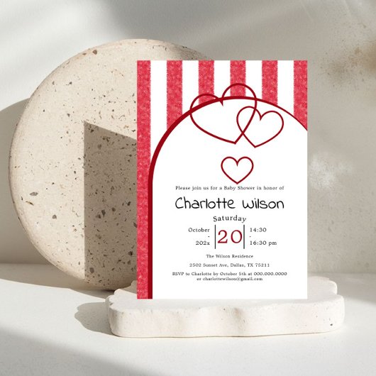 Elegant Red Chalk Stripe Triple Hearts Baby Shower 招待状