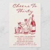 Elegant Red Cheers to Thirty Cocktail Birthday 招待状 (正面)