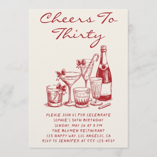 Elegant Red Cheers to Thirty Cocktail Birthday 招待状 (正面)