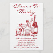 Elegant Red Cheers to Thirty Cocktail Birthday 招待状 (正面)