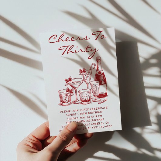 Elegant Red Cheers to Thirty Cocktail Birthday 招待状