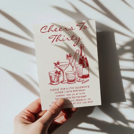 Elegant Red Cheers to Thirty Cocktail Birthday 招待状