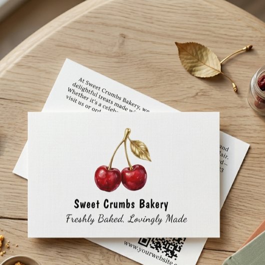 Elegant Red Cherry & Golden Leaves Business Card 名刺