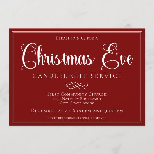 Elegant Red Christmas Eve Candlelight Service 招待状 (正面)