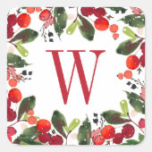 Elegant Red Christmas Greenery Monogram Wreath スクエアシール (正面)