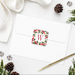 Elegant Red Christmas Greenery Monogram Wreath スクエアシール<br><div class="desc">Holiday sticker design features a beautiful Christmas foliage watercolor wreath design with green leaves and red berries frames your rich red monogram initial / letter.</div>