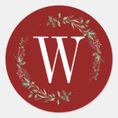 Elegant Red Christmas Greenery Monogram Wreath ラウンドシール (正面)