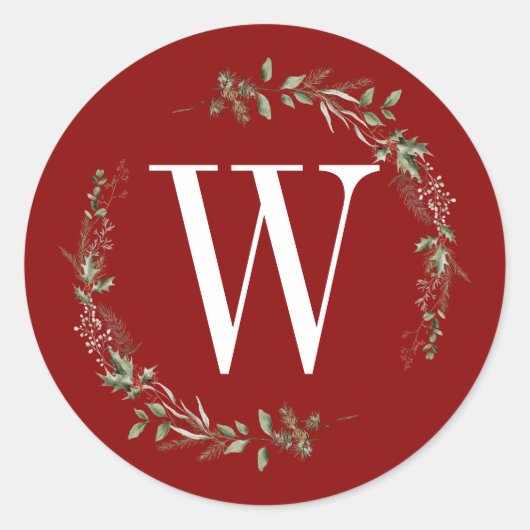 Elegant Red Christmas Greenery Monogram Wreath ラウンドシール (正面)
