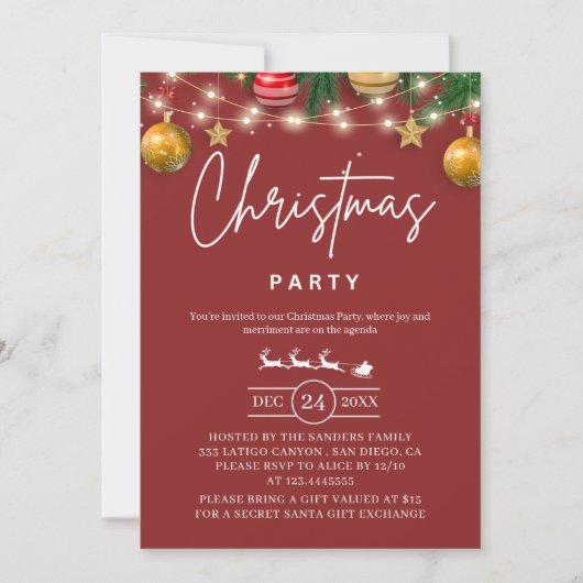Elegant Red Christmas Party Invitation 招待状 (正面)