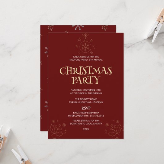 Elegant Red Christmas Party Invite 招待状 (正面/裏面インサイチュ)
