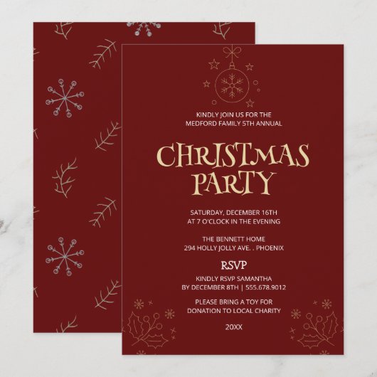 Elegant Red Christmas Party Invite 招待状 (正面/裏面)