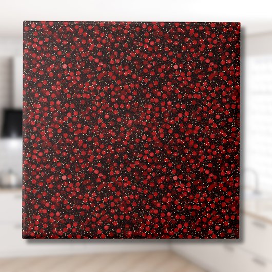 Elegant Red Confetti on Black Glitter Style タイル