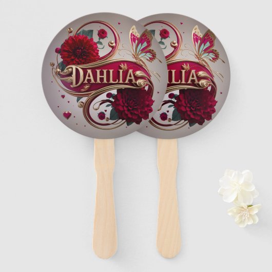 Elegant Red Dahlia Flower Art ハンドファン (正面&裏面)